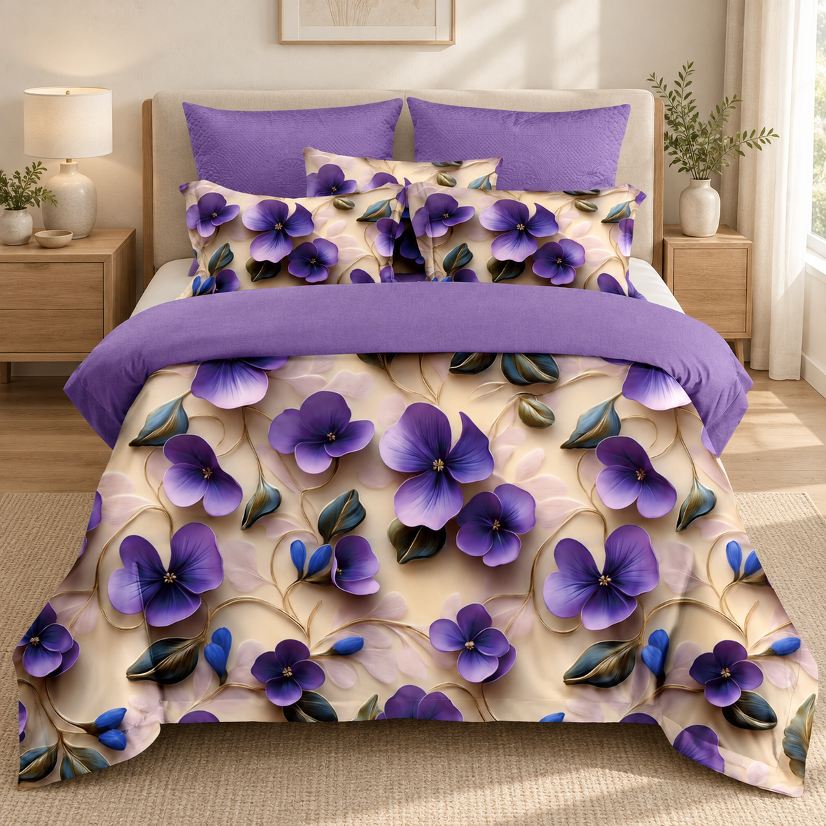 Lenjerie de pat 3D, 6 piese, panseluțe violete, crem și mov
