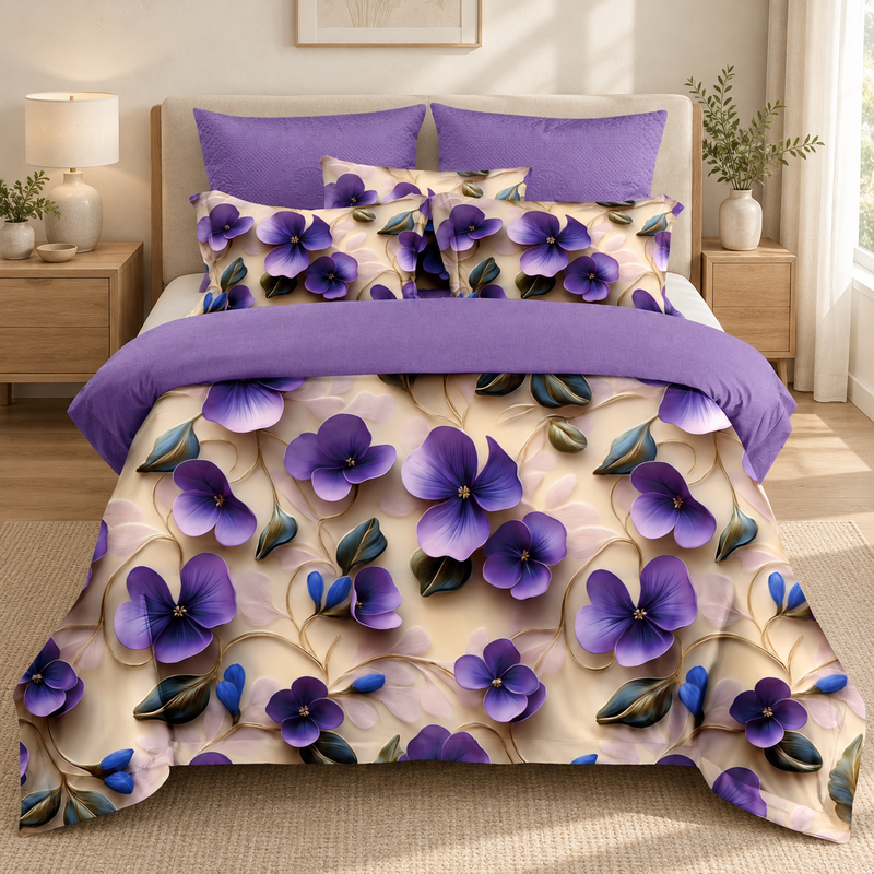 Lenjerie de pat 3D, 6 piese, panseluțe violete, crem și mov