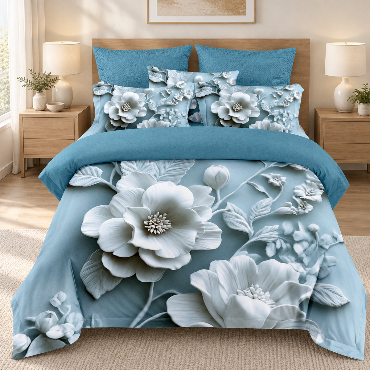 Lenjerie de pat 3D, 6 piese, flori albe, bleu