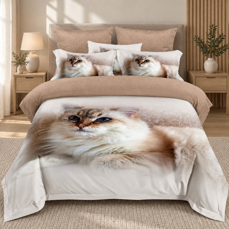 Lenjerie de pat 3D, 6 piese, pisică, crem și bej