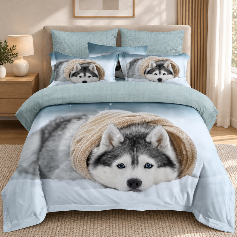 Lenjerie de pat 3D, 6 piese, husky, gri și bleu