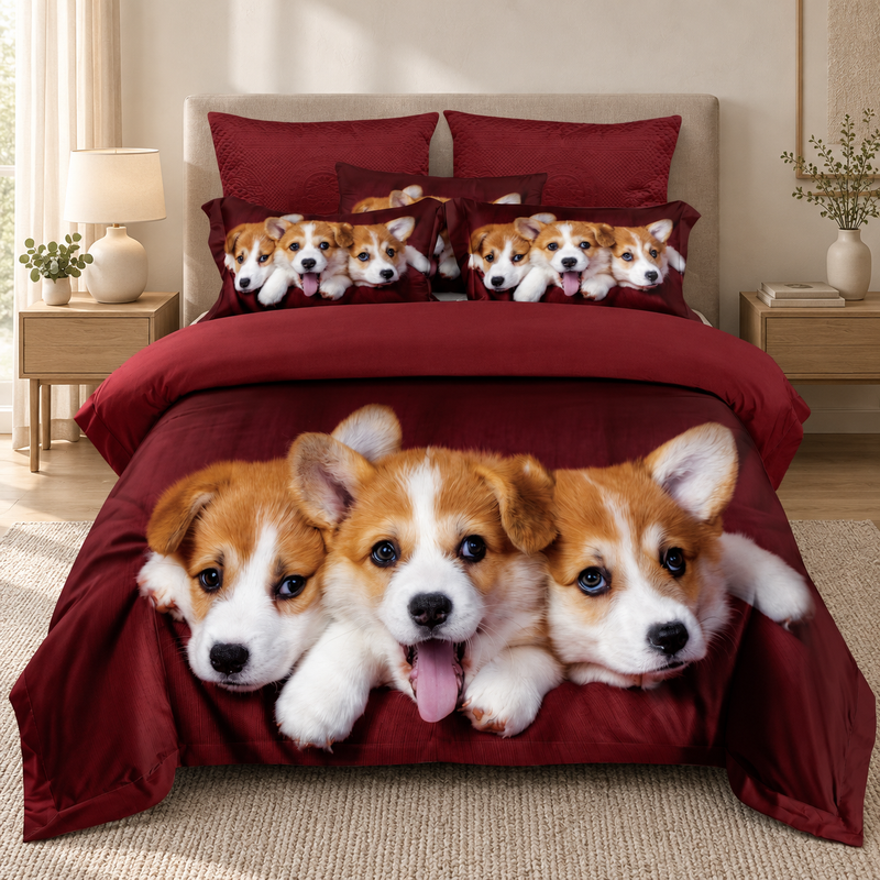 Lenjerie de pat 3D, 6 piese, căței corgi, grena
