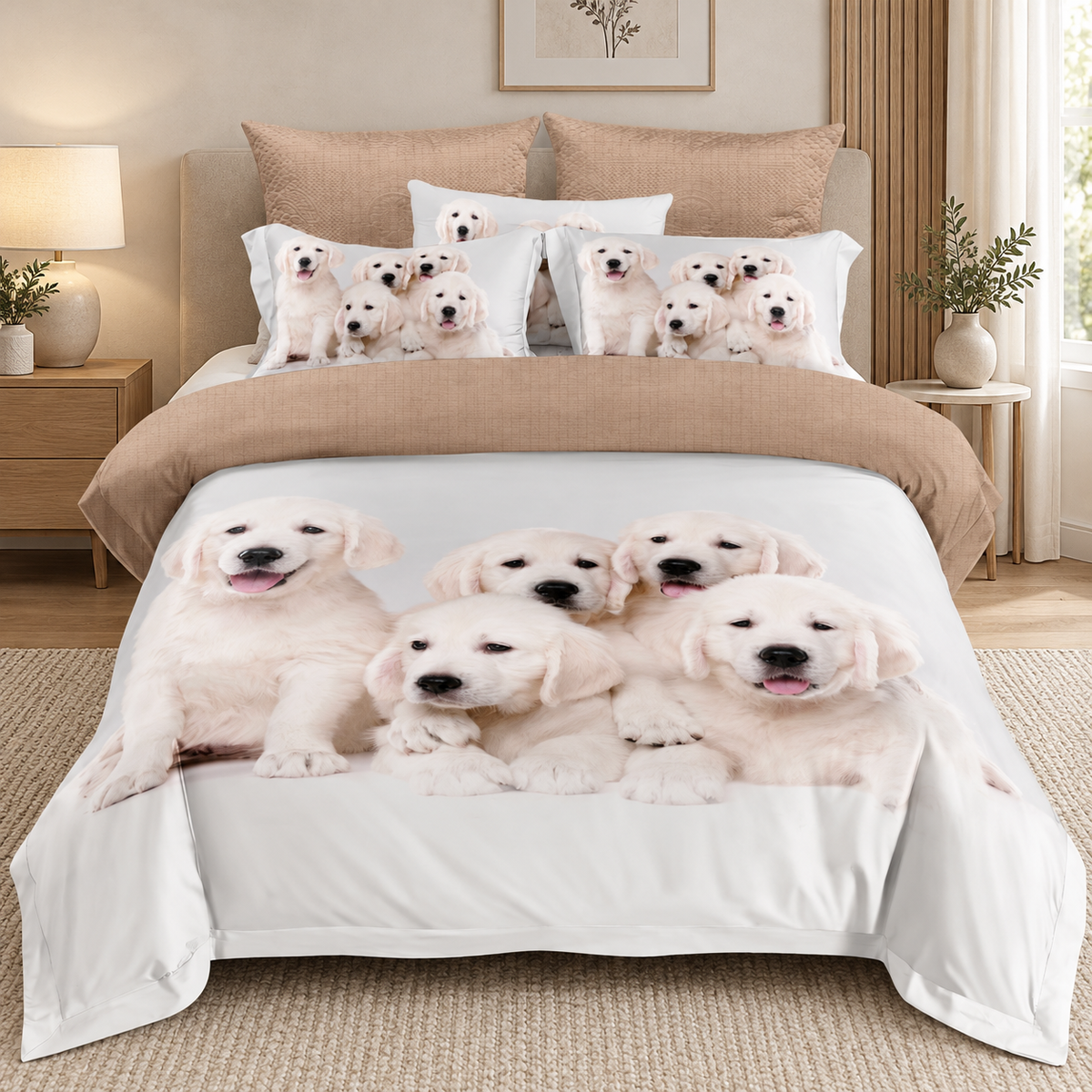 Lenjerie de pat 3D, 6 piese, căței golden retriever, alb și bej