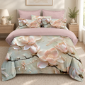 Lenjerie de pat 3D, 6 piese, flori de magnolie, verde pal și roz