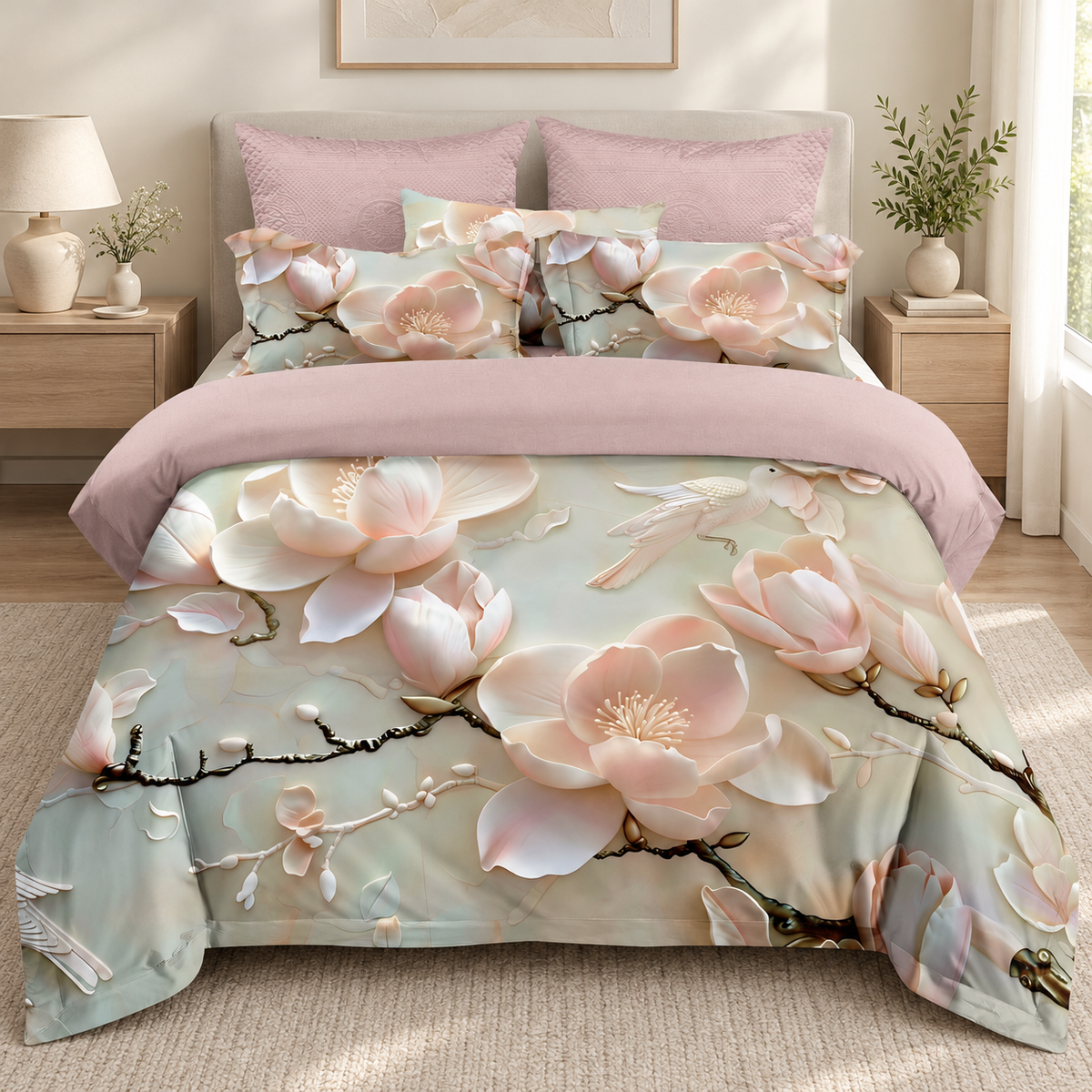 Lenjerie de pat 3D, 6 piese, flori de magnolie, verde pal și roz