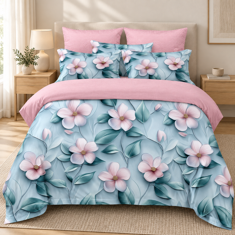 Lenjerie de pat 3D, 6 piese, flori, bleu și roz