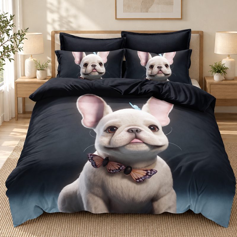 Lenjerie de pat 3D, 6 piese, bulldog francez, negru