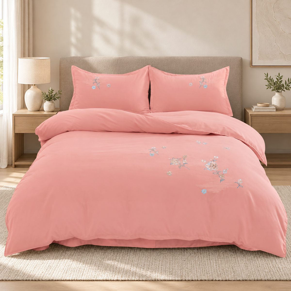 Lenjerie de pat cu broderie florală, 6 piese, roz somon