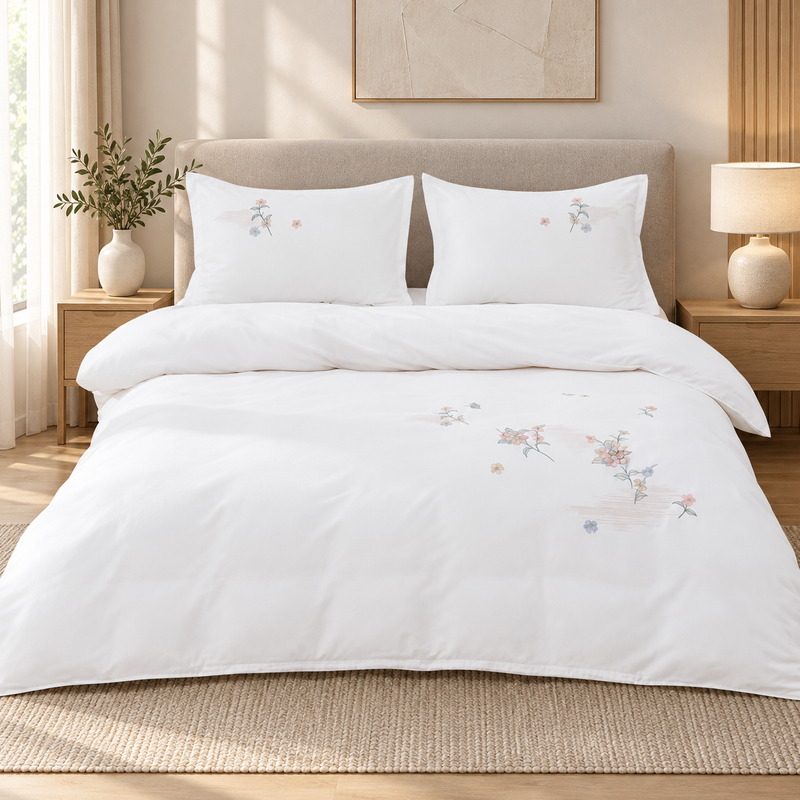 Lenjerie de pat cu broderie florală, 6 piese, alb