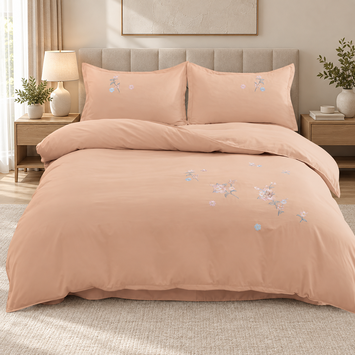 Lenjerie de pat cu broderie florală, 6 piese, piersică