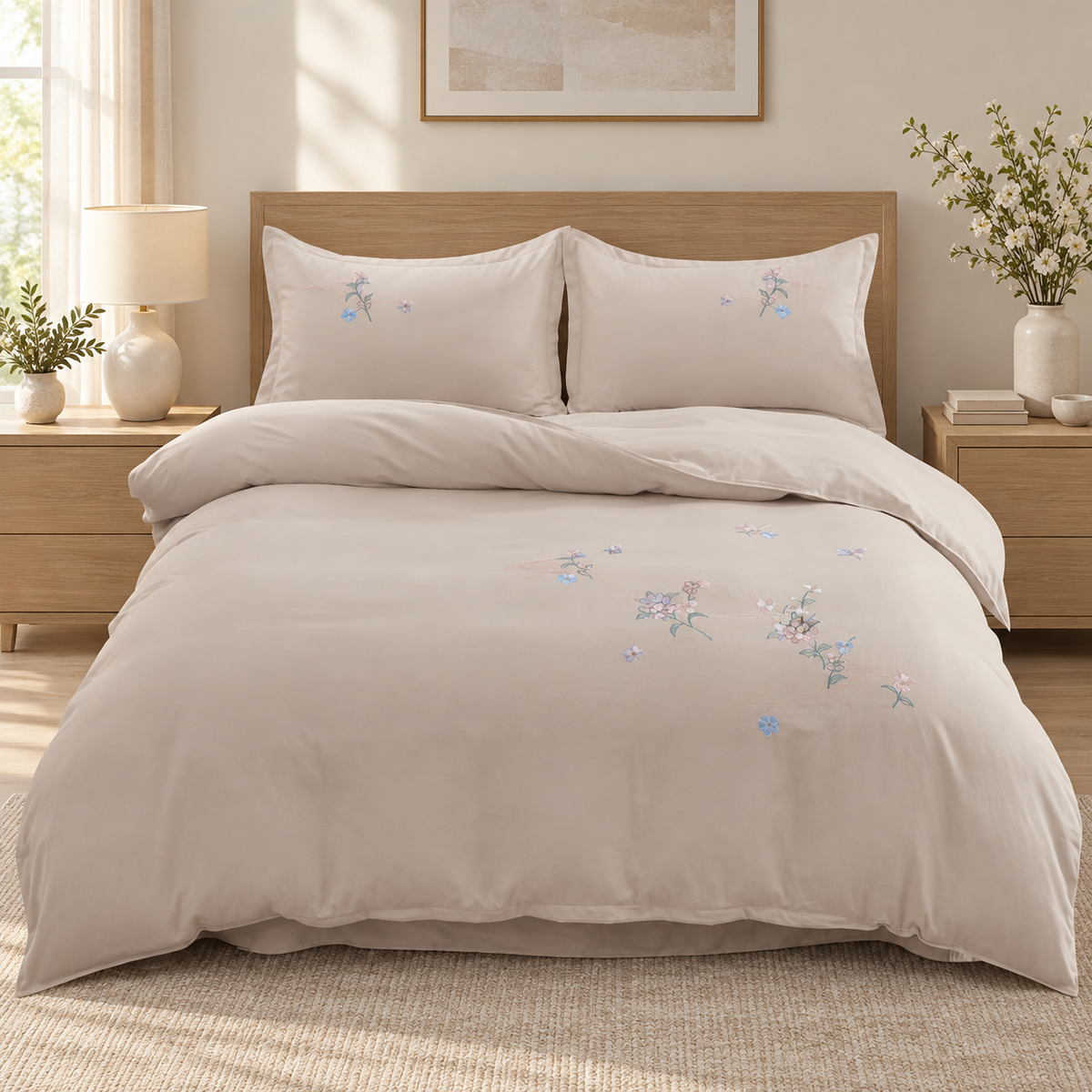 Lenjerie de pat cu broderie florală, 6 piese, grej