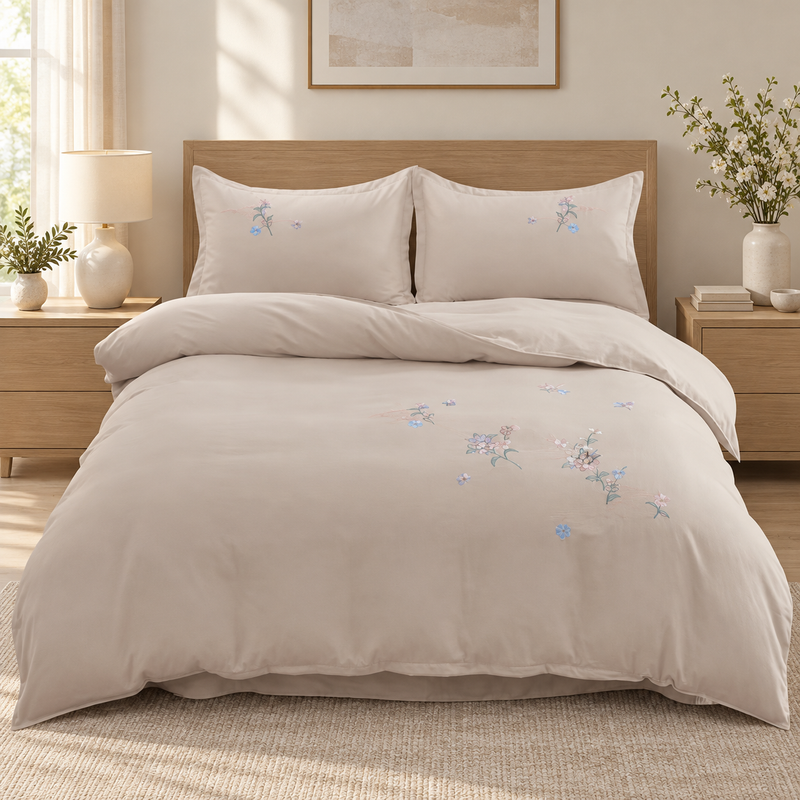 Lenjerie de pat cu broderie florală, 6 piese, grej