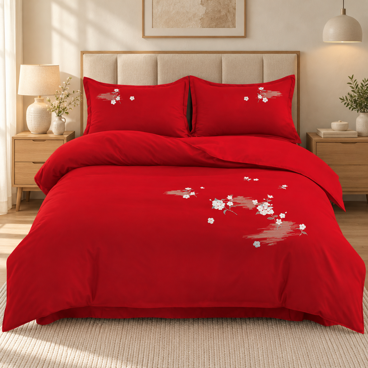 Lenjerie de pat cu broderie florală, 6 piese, roșu