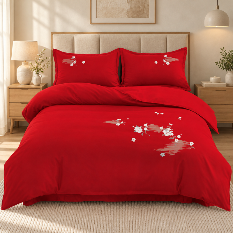 Lenjerie de pat cu broderie florală, 6 piese, roșu