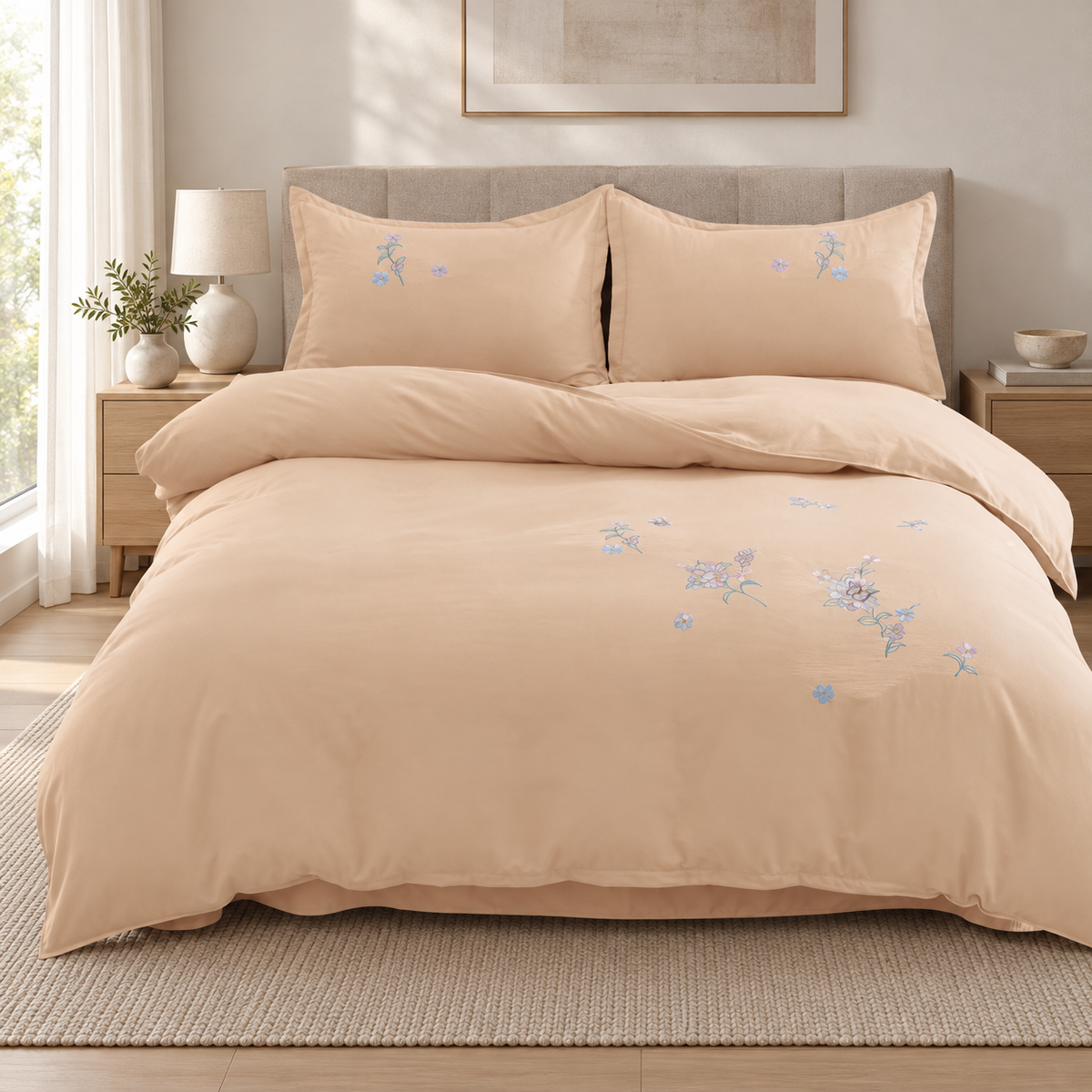 Lenjerie de pat cu broderie florală, 6 piese, nisipiu