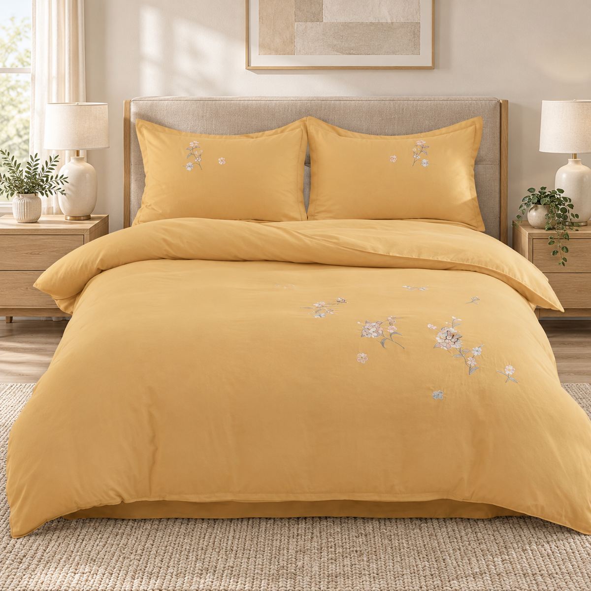 Lenjerie de pat cu broderie florală, 6 piese, galben muștar