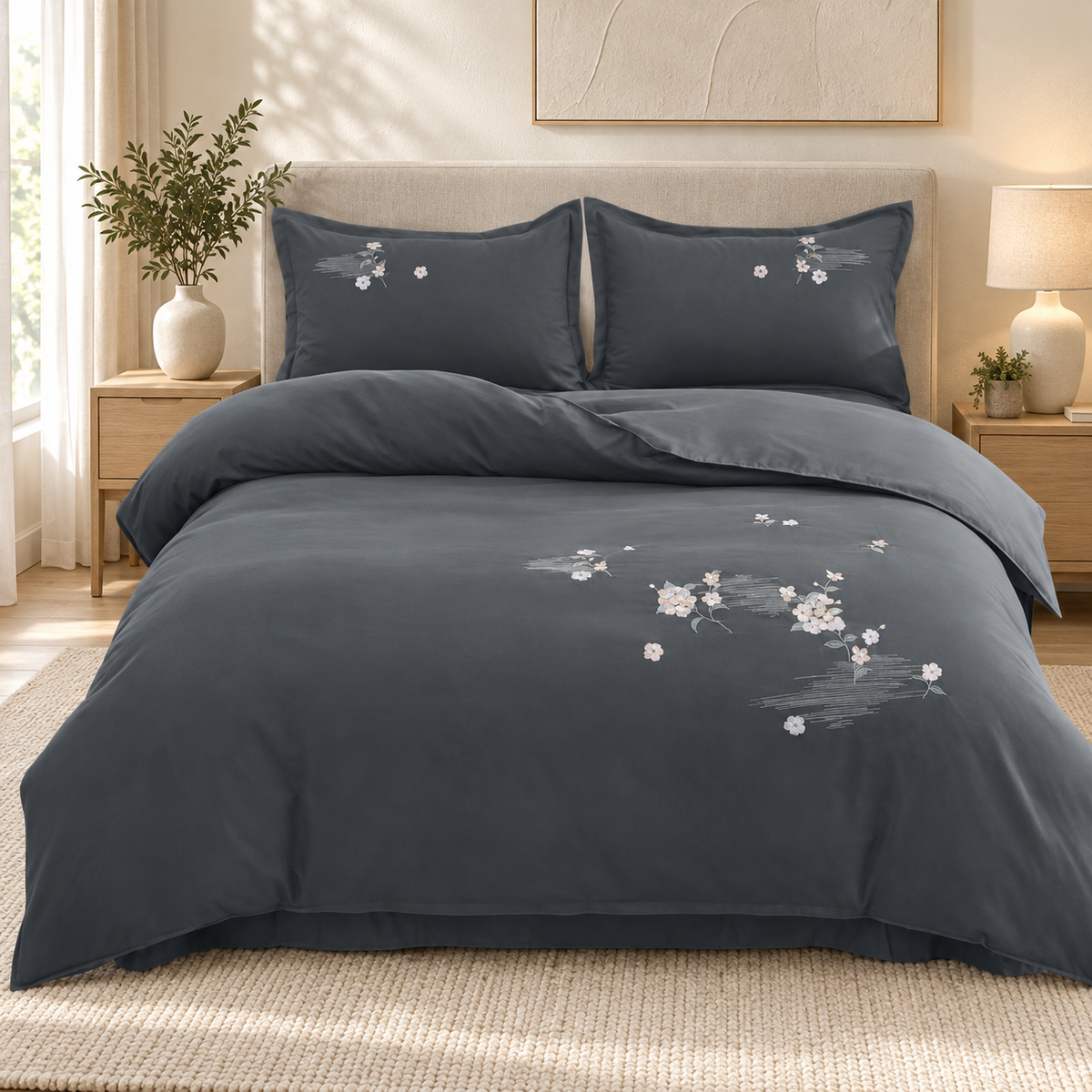 Lenjerie de pat cu broderie florală, 6 piese, gri antracit