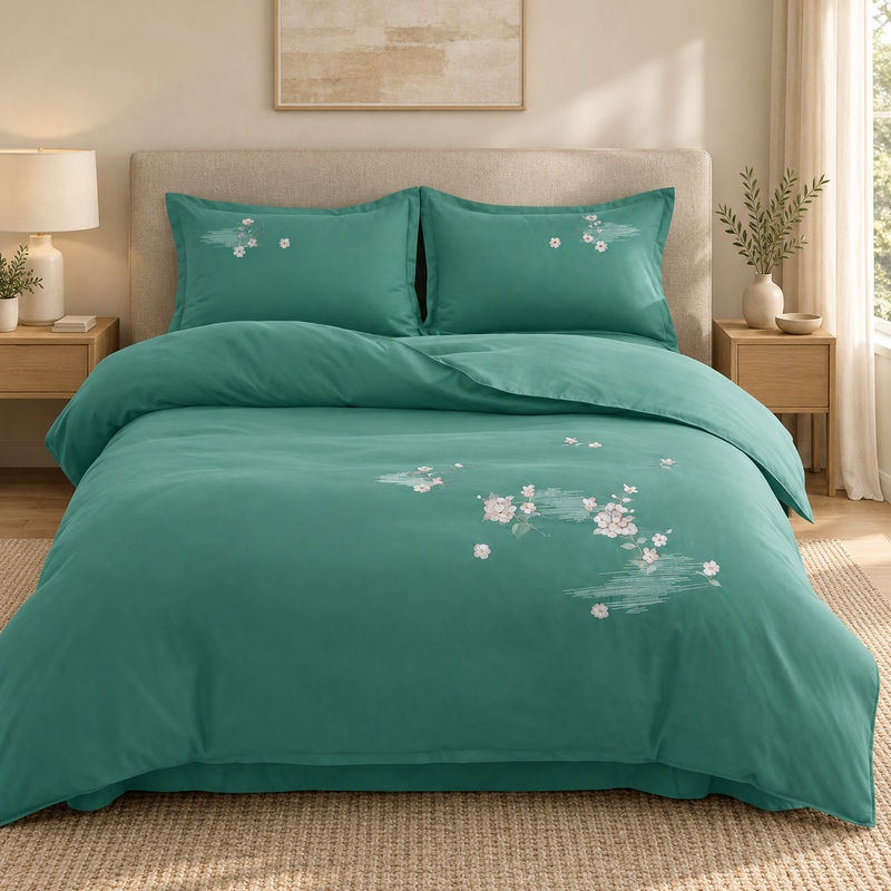 Lenjerie de pat cu broderie florală, 6 piese, verde jad