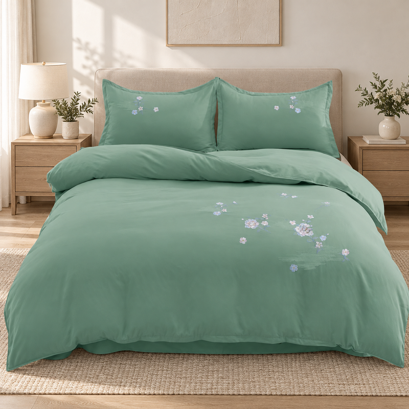 Lenjerie de pat cu broderie florală, 6 piese, verde salvie