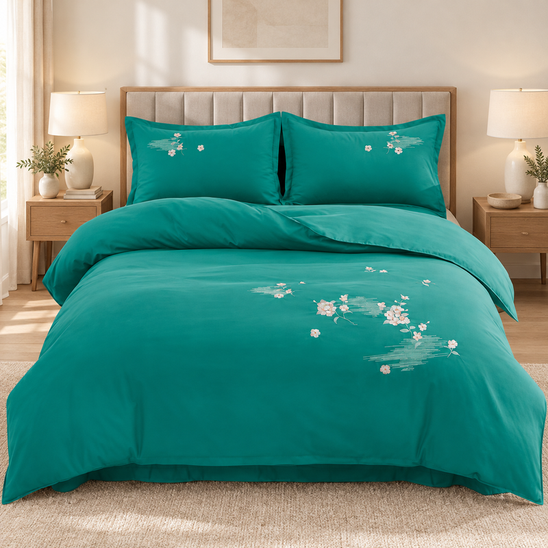 Lenjerie de pat cu broderie florală, 6 piese, verde smarald