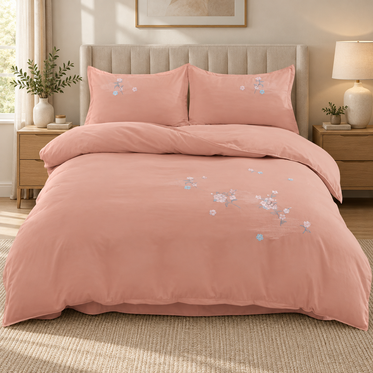 Lenjerie de pat cu broderie florală, 6 piese, corai pal