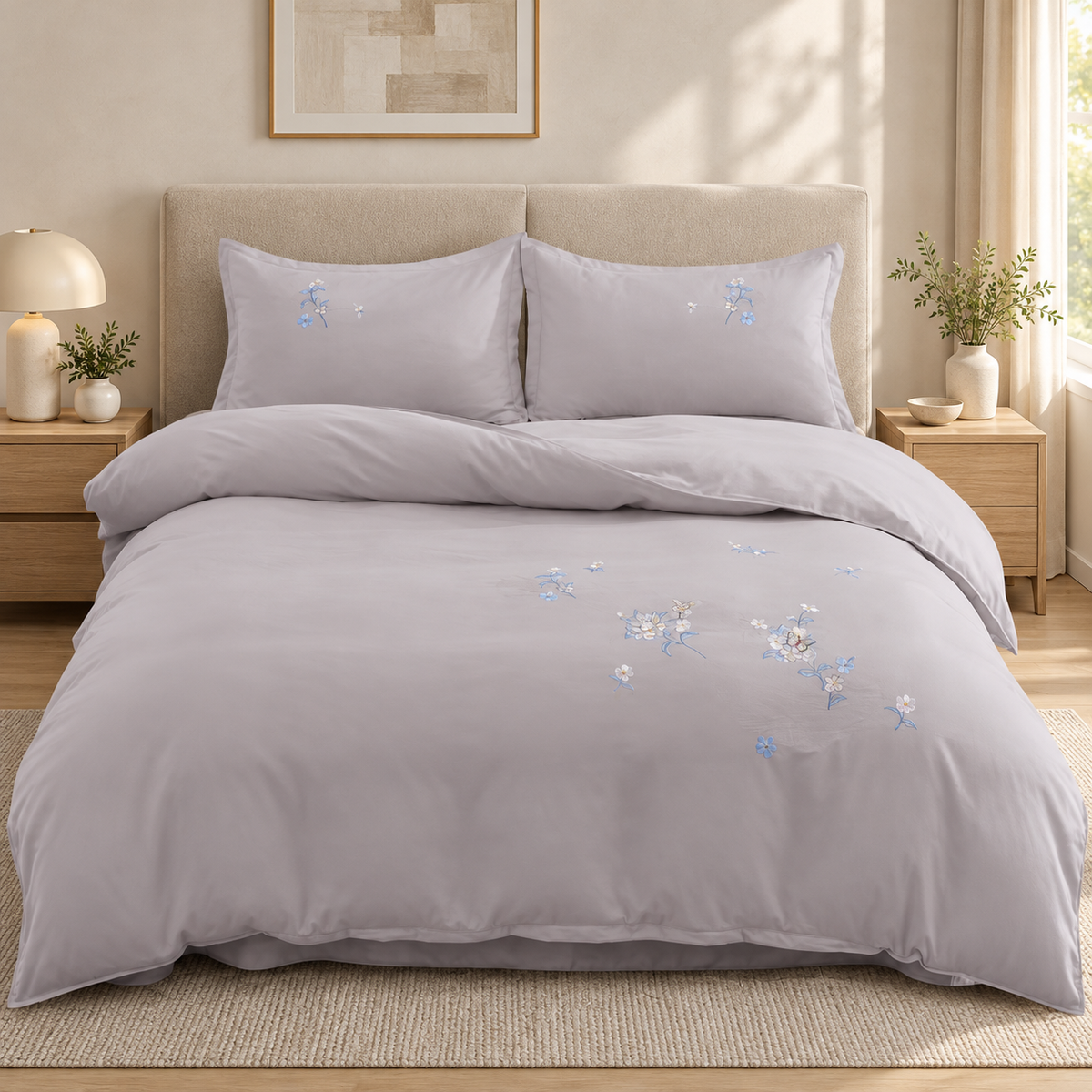 Lenjerie de pat cu broderie florală, 6 piese, gri perlat
