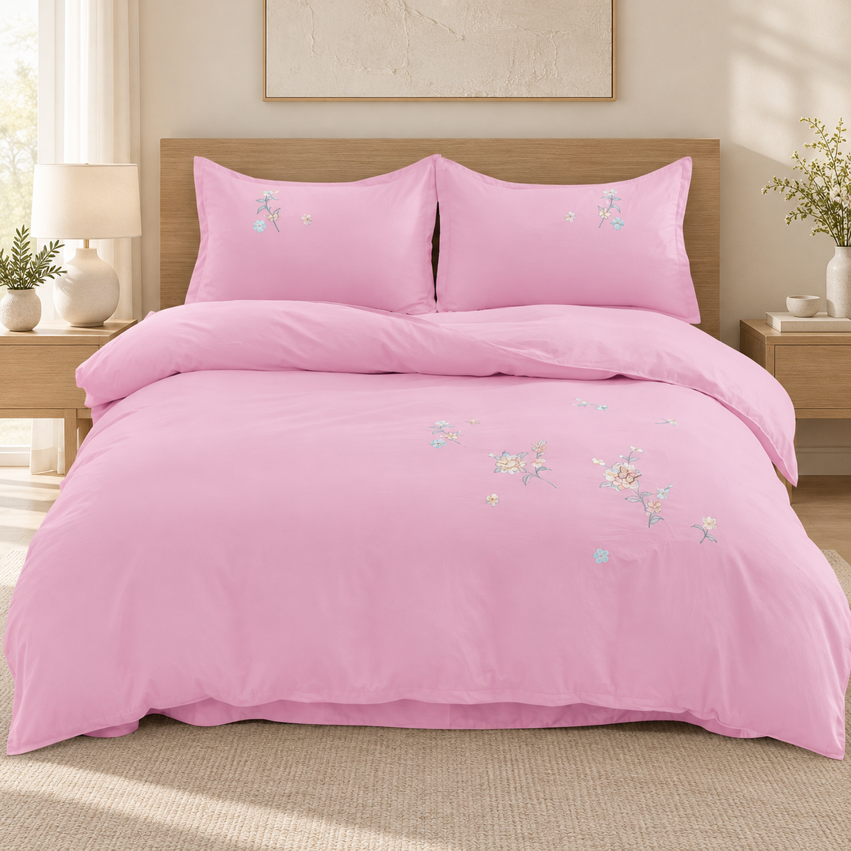 Lenjerie de pat cu broderie florală, 6 piese, roz