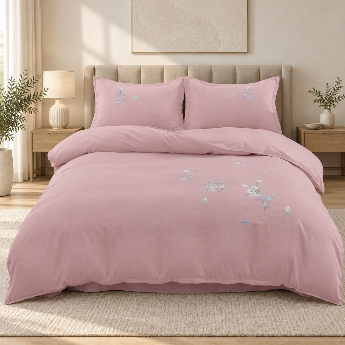 Lenjerie de pat cu broderie florală, 6 piese, roz pudrat