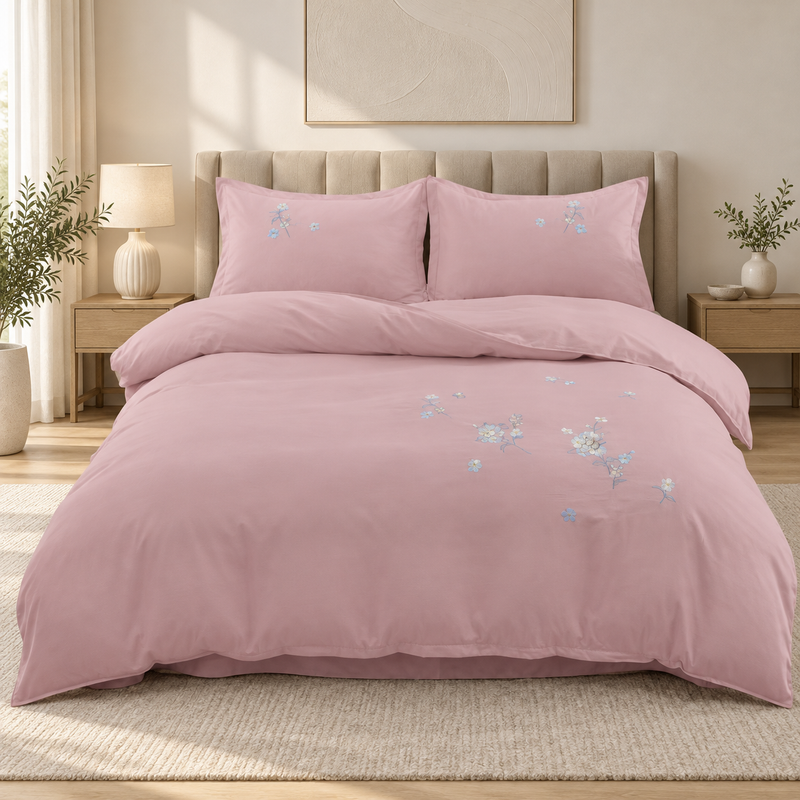 Lenjerie de pat cu broderie florală, 6 piese, roz pudrat
