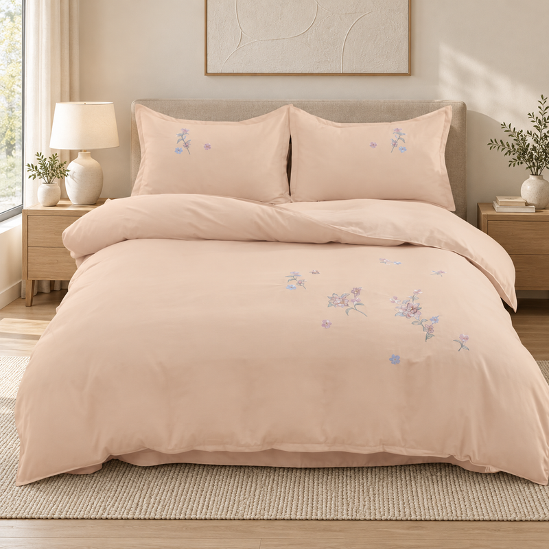 Lenjerie de pat cu broderie florală, 6 piese, piersică deschis
