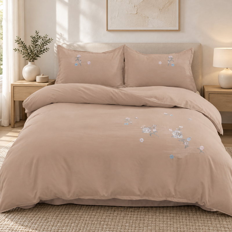 Lenjerie de pat cu broderie florală, 6 piese, cappuccino