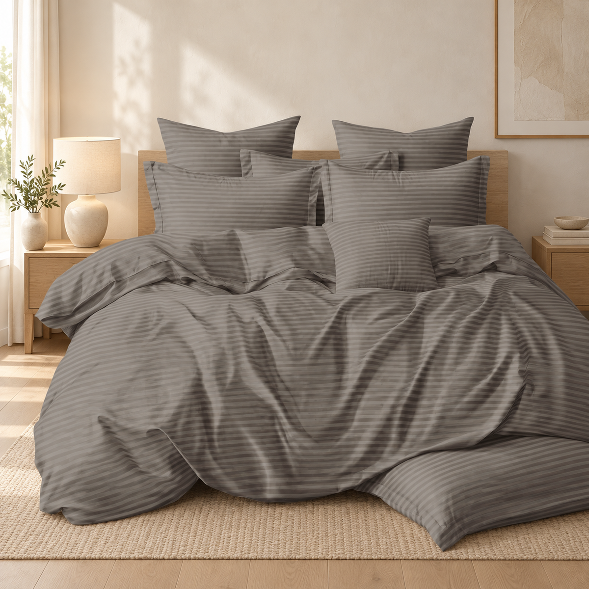 Lenjerie de pat damasc, 6 piese, 2 persoane, gri taupe