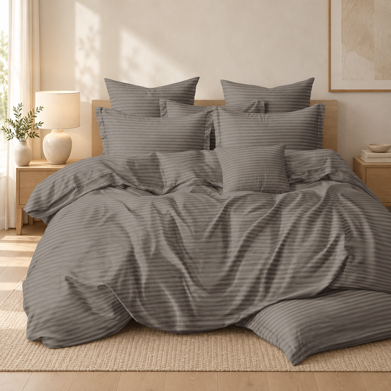 Lenjerie de pat damasc, 6 piese, 2 persoane, gri taupe