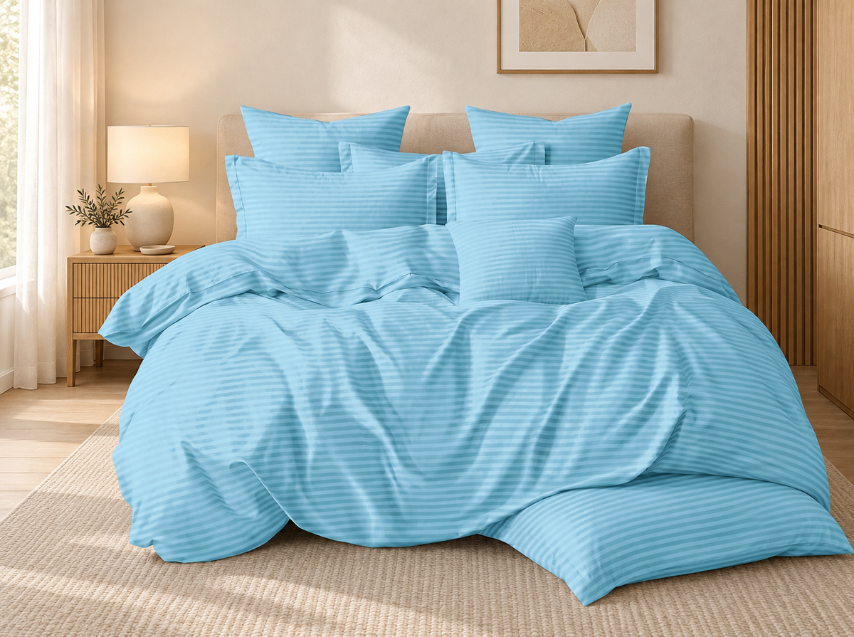 Lenjerie de pat damasc, 6 piese, 2 persoane, bleu