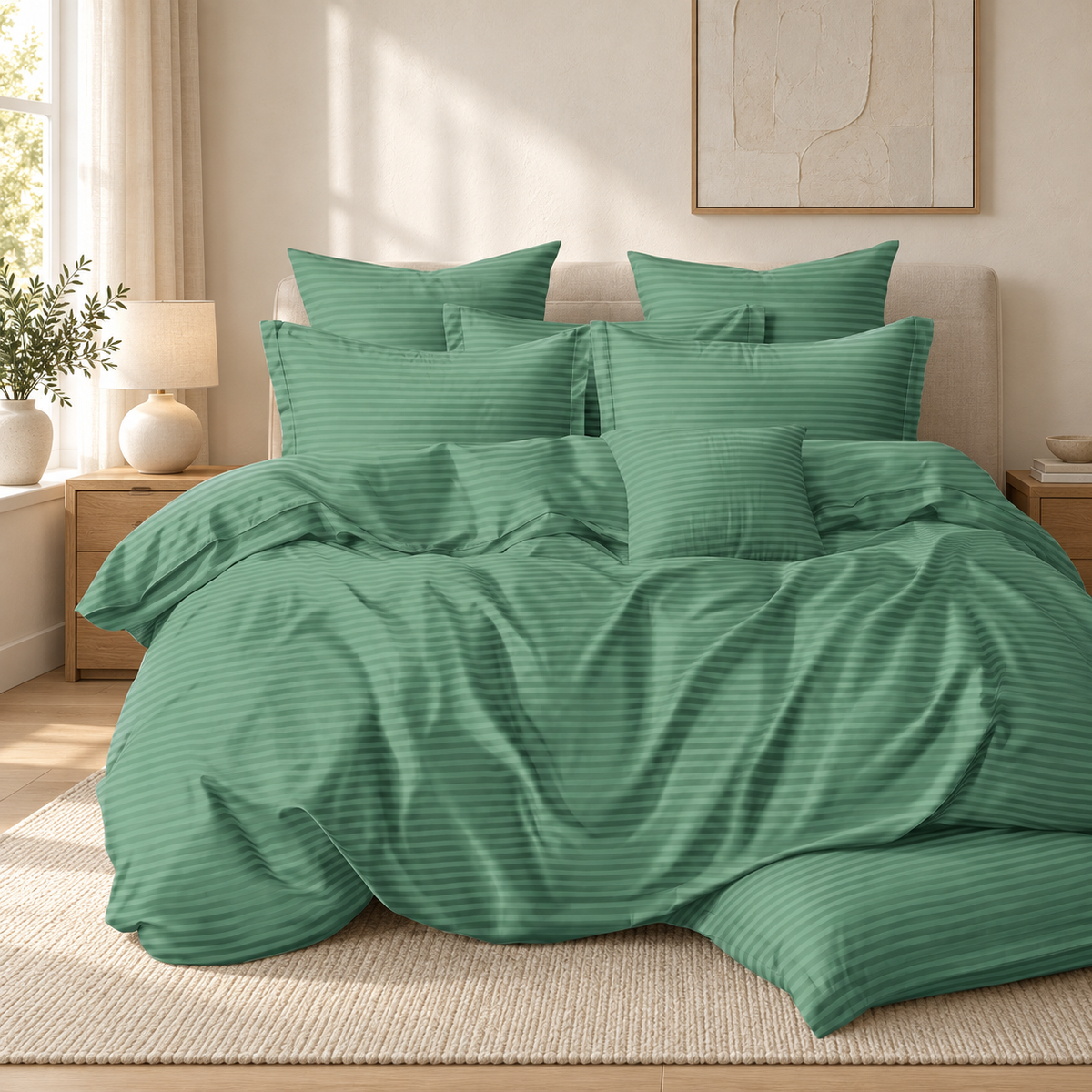 Lenjerie de pat damasc, 6 piese, 2 persoane, verde salvie