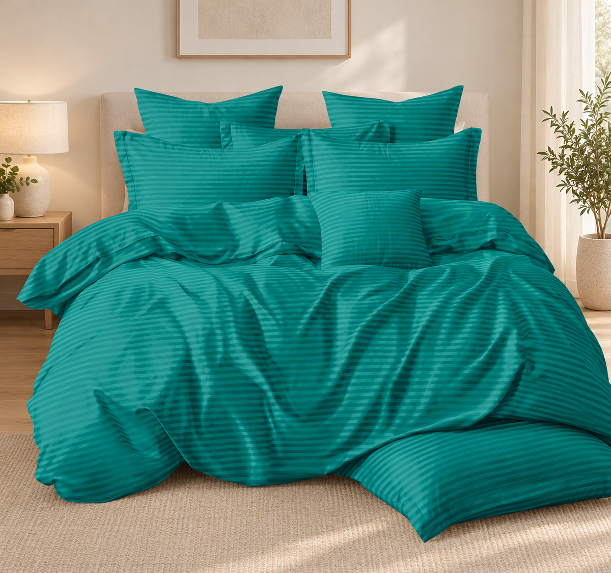 Lenjerie de pat damasc, 6 piese, 2 persoane, verde turcoaz