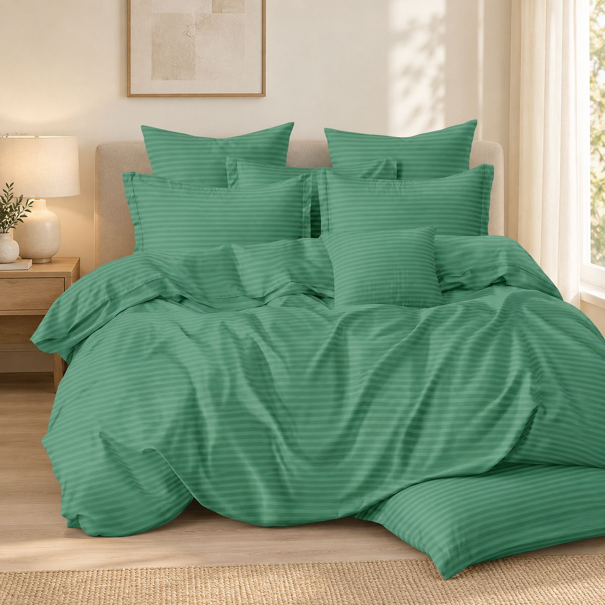 Lenjerie de pat damasc cu cearșaf cu elastic, 6 piese, verde salvie
