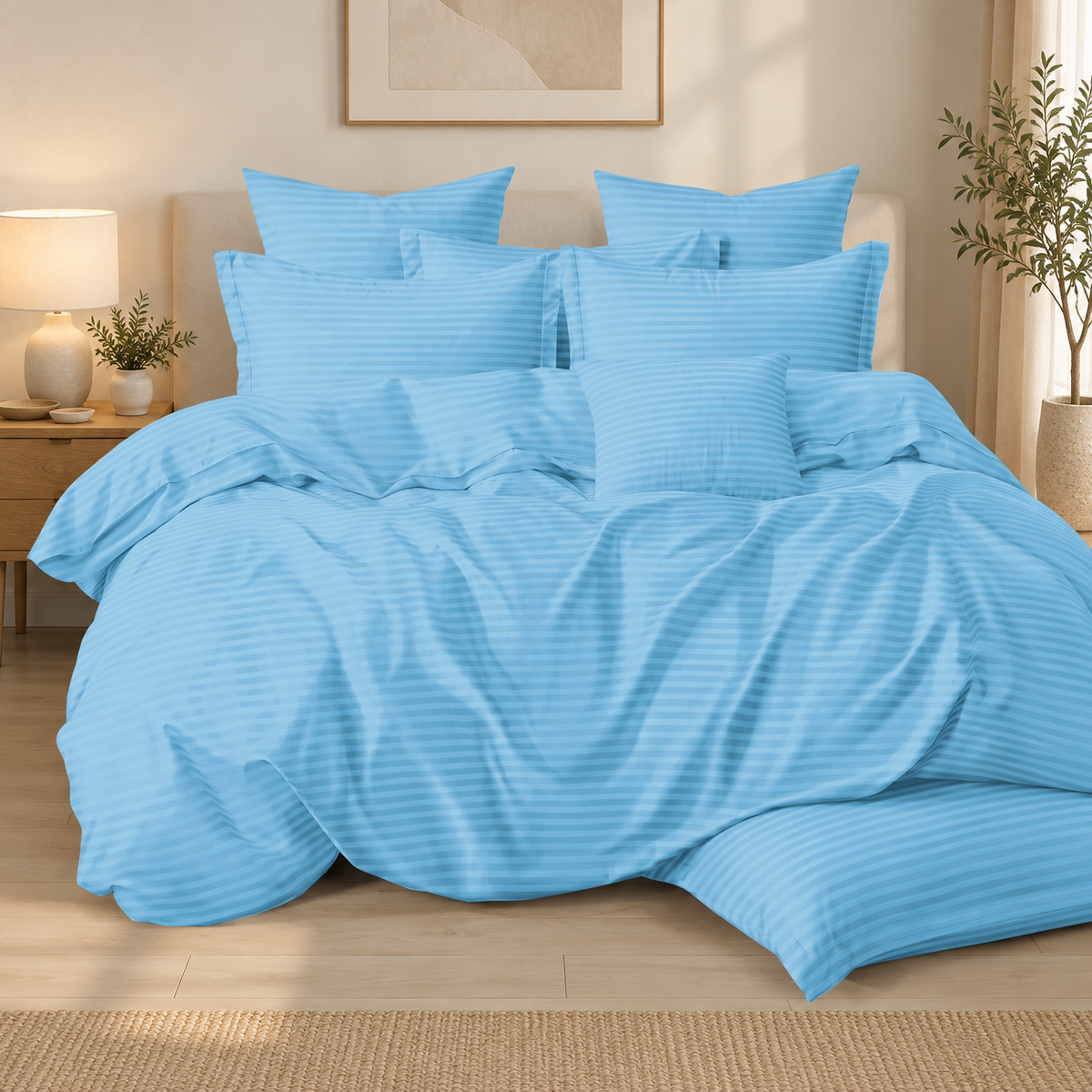 Lenjerie de pat damasc cu cearșaf cu elastic, 6 piese, bleu