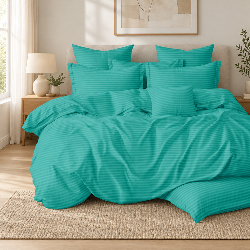 Lenjerie de pat damasc cu cearșaf cu elastic, 6 piese, verde aqua