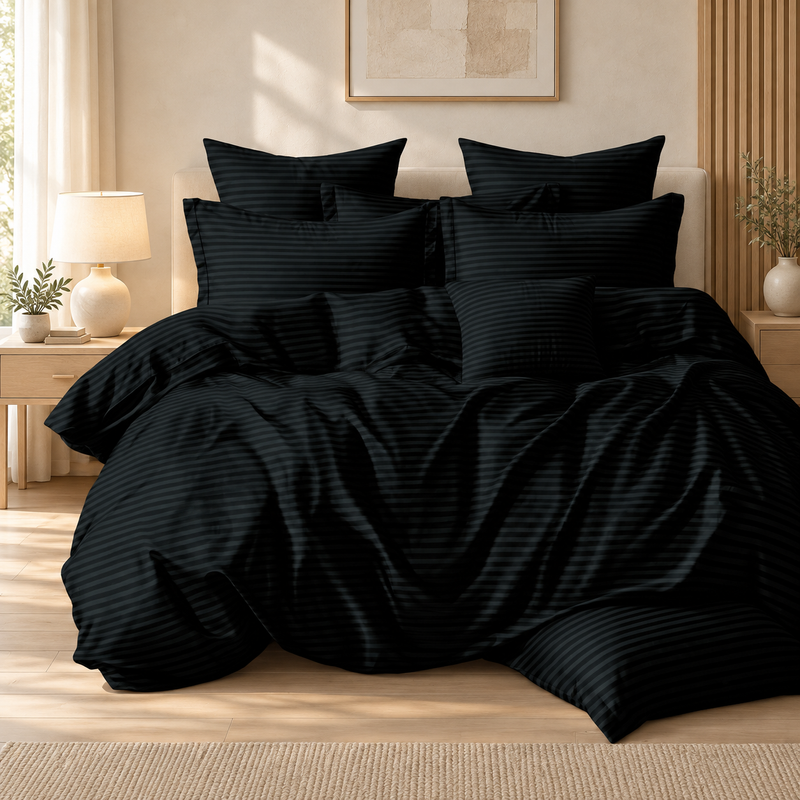 Lenjerie de pat damasc cu cearșaf cu elastic, 6 piese, negru