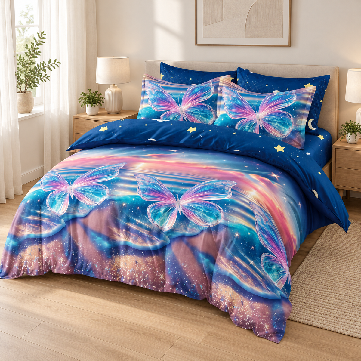 Lenjerie de pat cu elastic 140x200, 4 piese, fluturi luminoși, bleumarin și roz