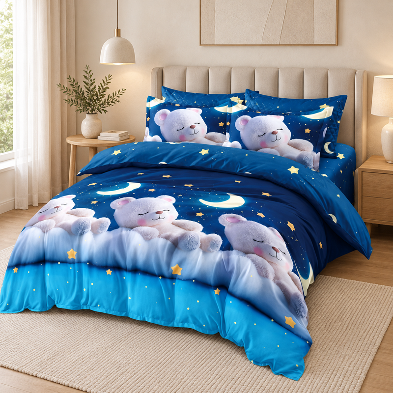 Lenjerie de pat cu elastic 140x200, 4 piese, ursuleți pe lună, bleumarin și albastru