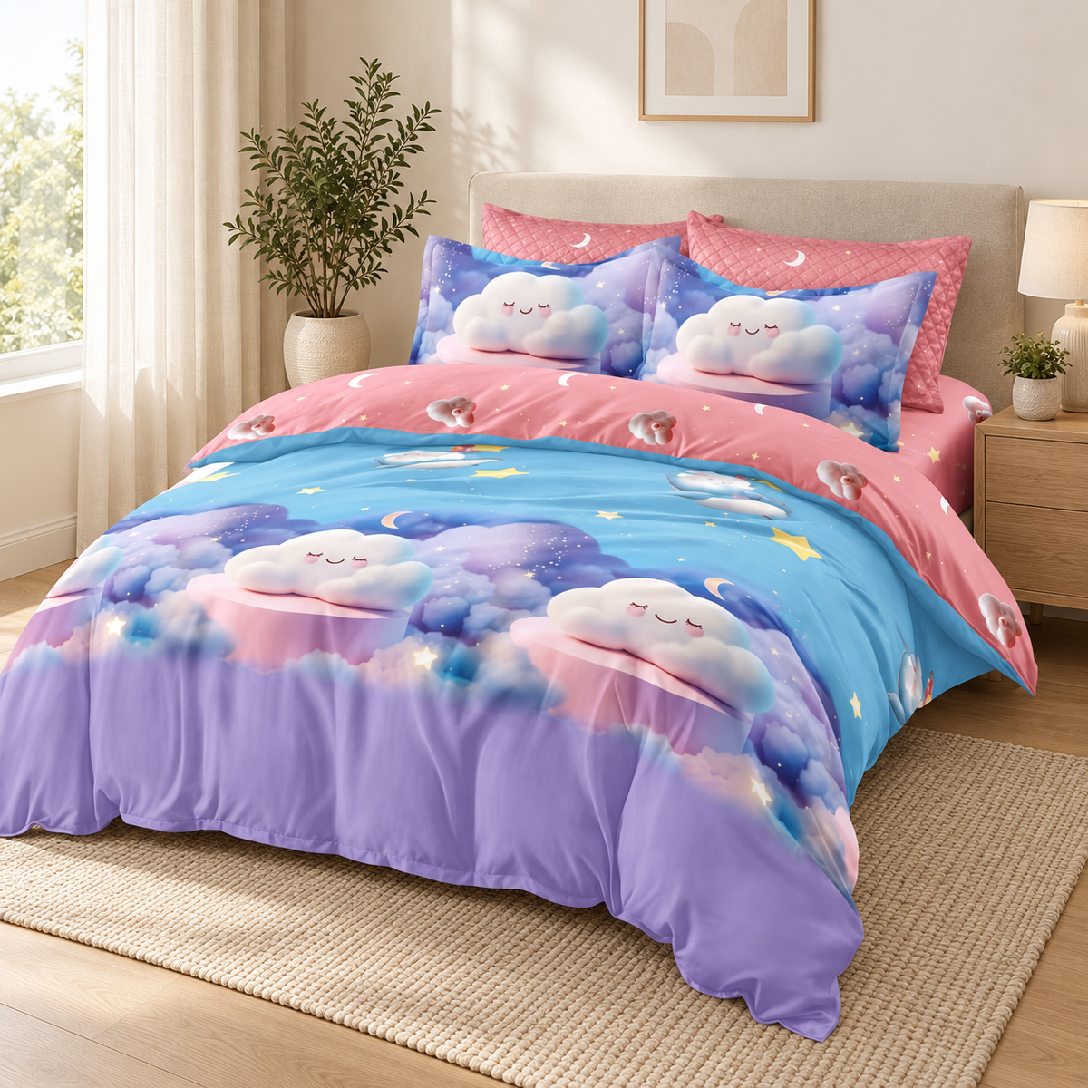 Lenjerie de pat cu elastic 140x200, 4 piese, ursuleți pe nori, roz și lila