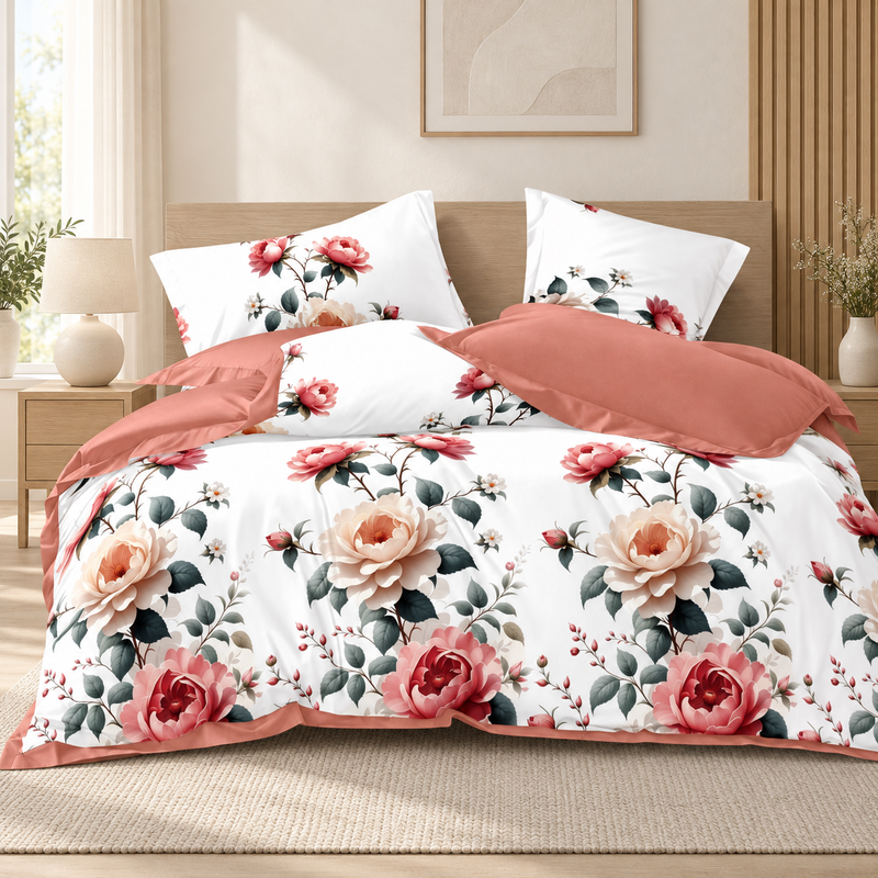 Lenjerie de pat cu elastic 140x200, 4 piese, trandafiri, alb și corai