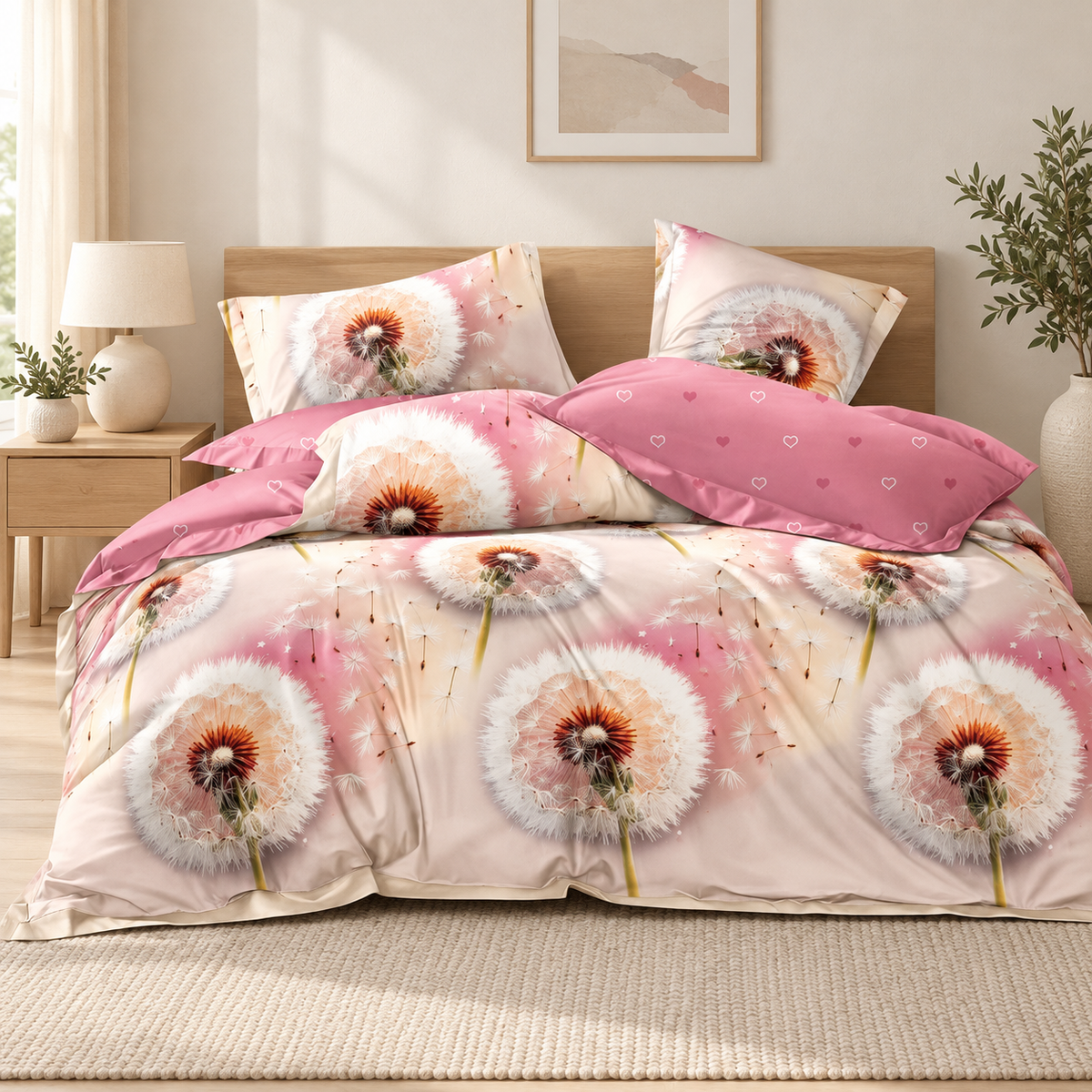 Lenjerie de pat cu elastic 140x200, 4 piese, păpădii, roz