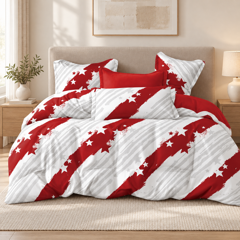 Lenjerie de pat cu elastic 140x200, 4 piese, dungi cu steluțe, roșu și alb
