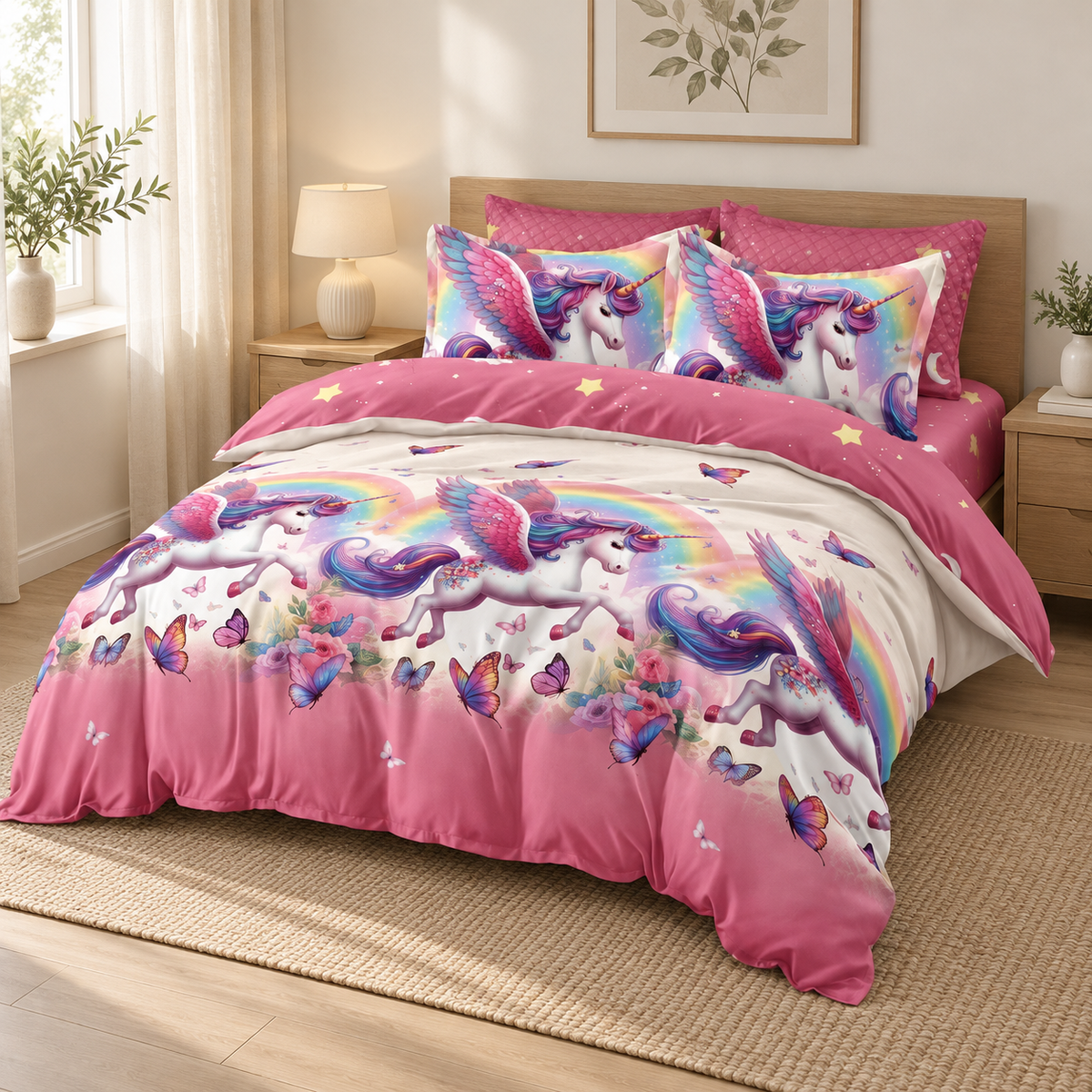 Lenjerie de pat cu elastic 140x200, 4 piese, unicorni, roz
