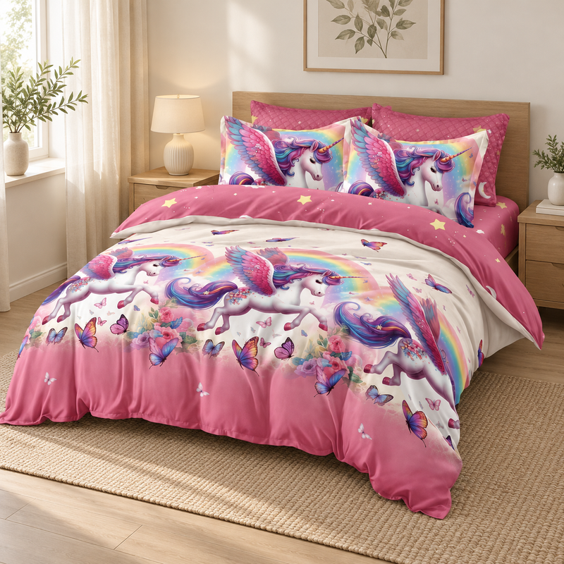 Lenjerie de pat cu elastic 140x200, 4 piese, unicorni, roz