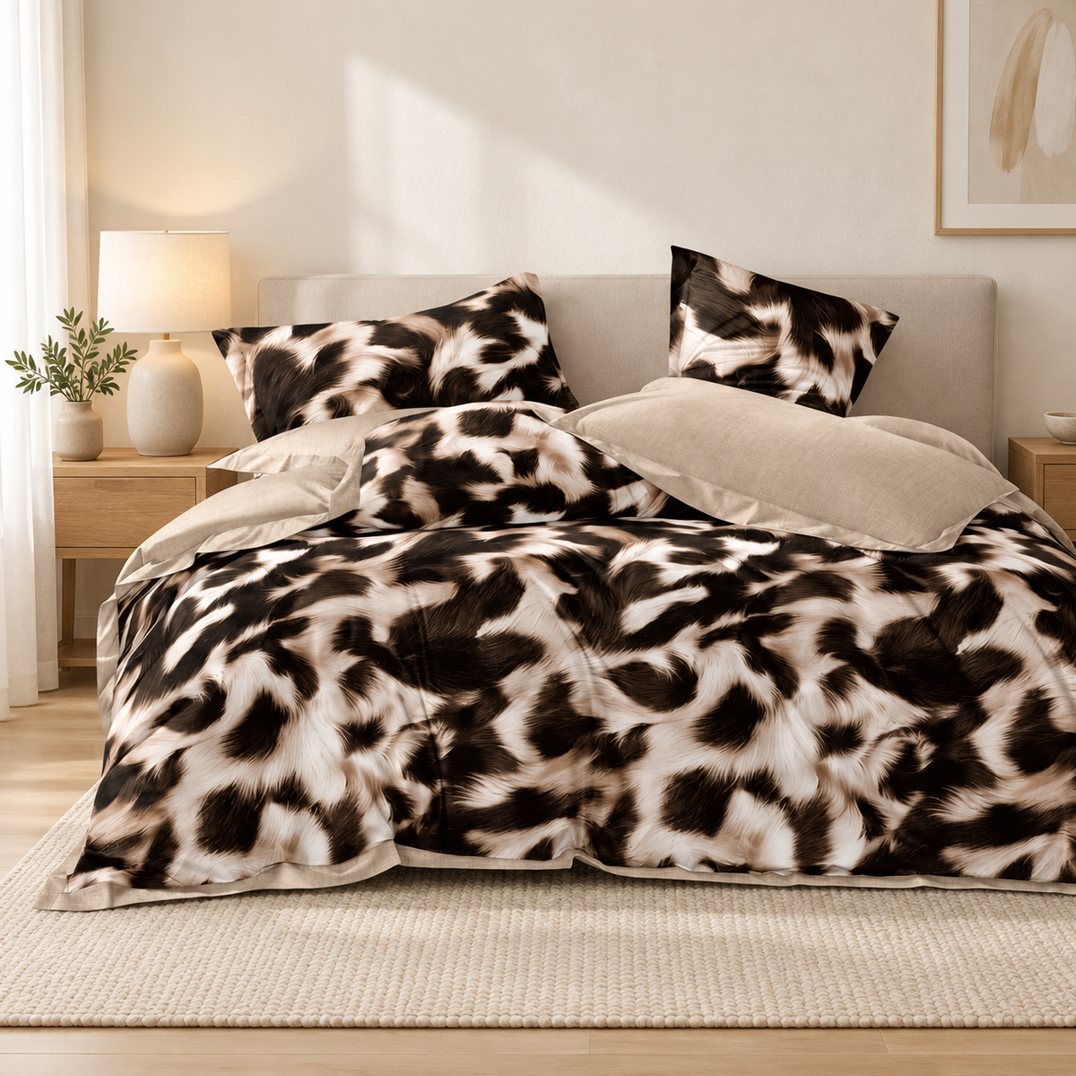 Lenjerie de pat cu elastic 140x200, 4 piese, imprimeu leopard, maro și bej