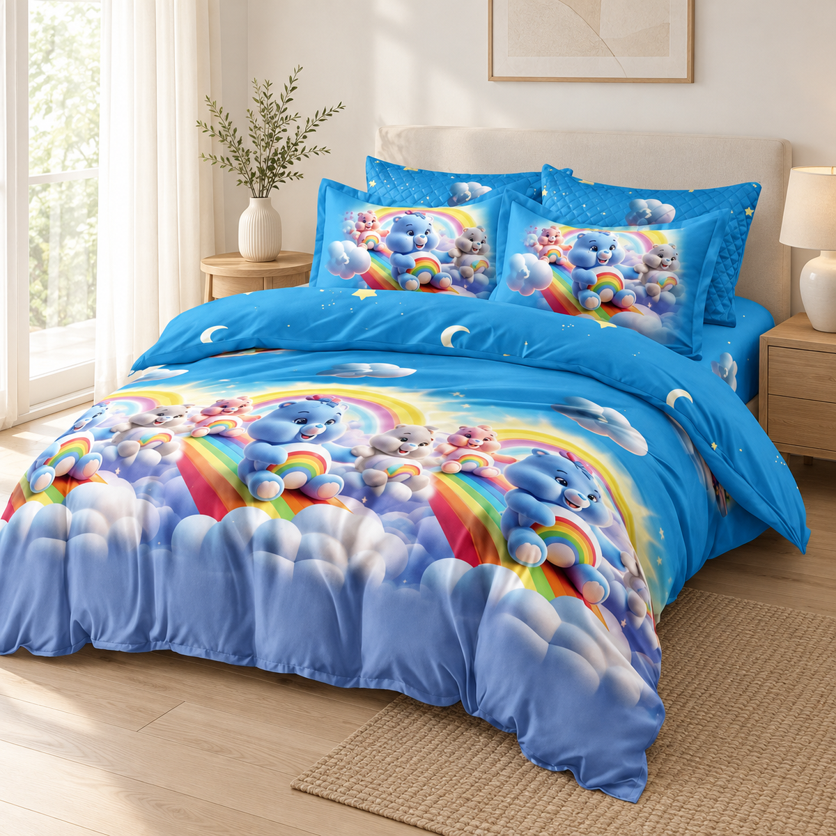 Lenjerie de pat cu elastic 140x200, 4 piese, nori și curcubeu, albastru